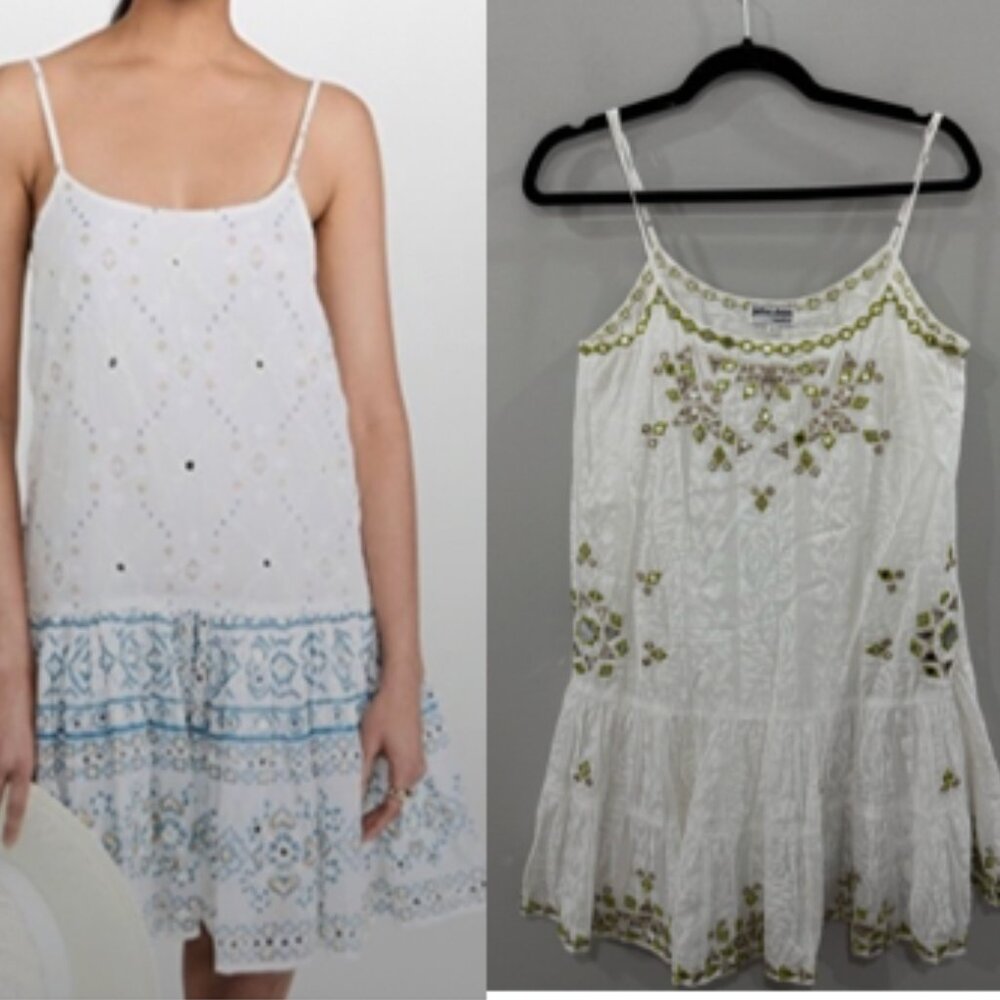Juliet Dunn Dress Strappy Mini in White Green Tan